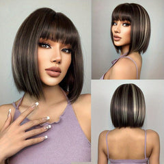 Brown Short Bob Wigs Synthetic Straight Hair Wigs With Bangs