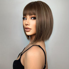Brown Short Bob Wigs Synthetic Straight Hair Wigs With Bangs