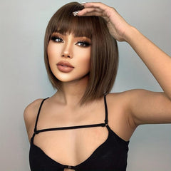 Brown Short Bob Wigs Synthetic Straight Hair Wigs With Bangs