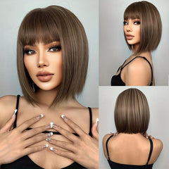 Brown Short Bob Wigs Synthetic Straight Hair Wigs With Bangs