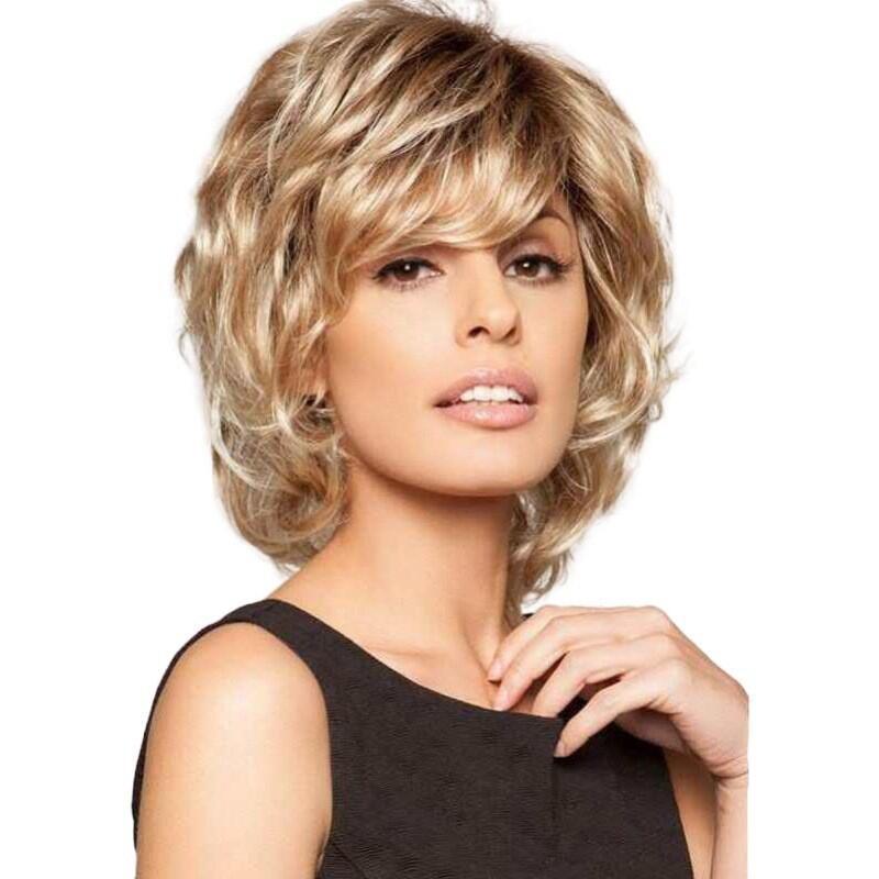 Short Blonde Pixie Cut Wig Synthetic Hair Natural Wavy Replacement with Bangs