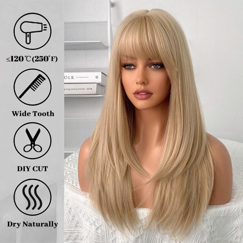60 96 Cm Blonde Long Straight Layered Hair Wigs With Bangs For Woman