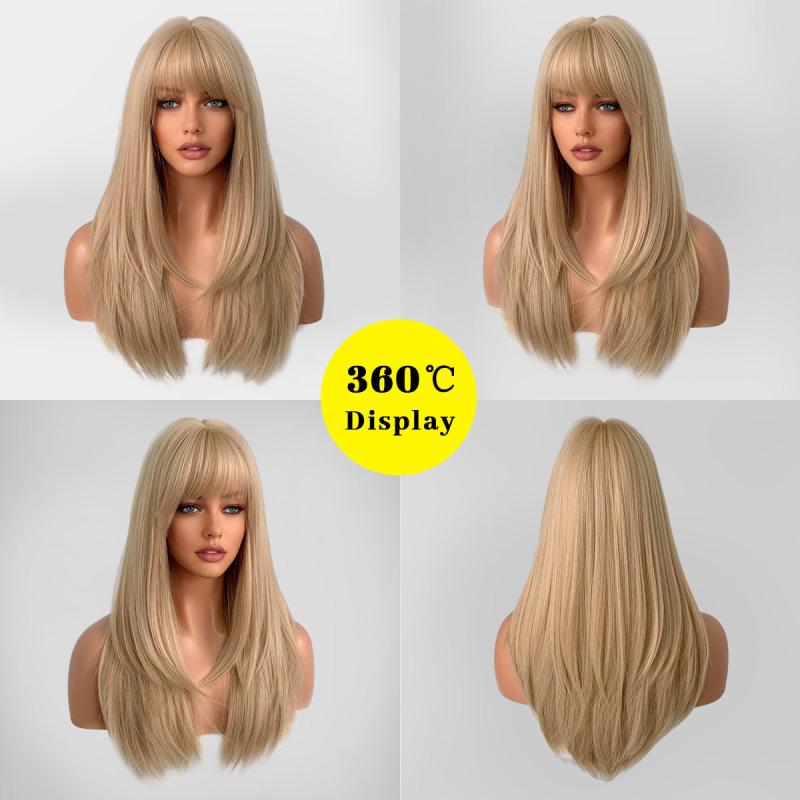 60 96 Cm Blonde Long Straight Layered Hair Wigs With Bangs For Woman