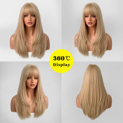 60 96 Cm Blonde Long Straight Layered Hair Wigs With Bangs For Woman