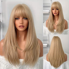 60 96 Cm Blonde Long Straight Layered Hair Wigs With Bangs For Woman