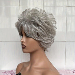 Ombre Silver Gray Short Pixie Cut Wigs Synthetic Straight Layered Hair