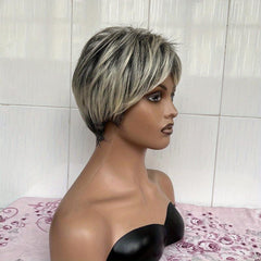 Ombre Silver Gray Short Pixie Cut Wigs Synthetic Straight Layered Hair
