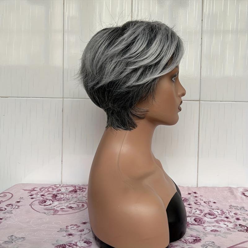 Ombre Silver Gray Short Pixie Cut Wigs Synthetic Straight Layered Hair