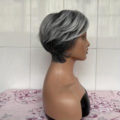 Ombre Silver Gray Short Pixie Cut Wigs Synthetic Straight Layered Hair