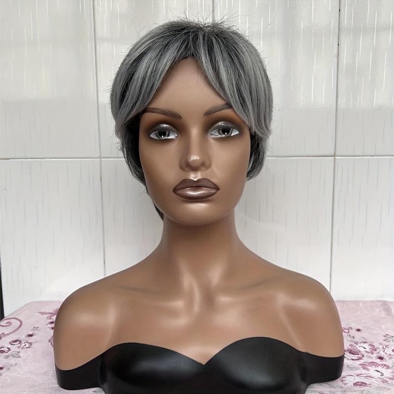 Ombre Silver Gray Short Pixie Cut Wigs Synthetic Straight Layered Hair