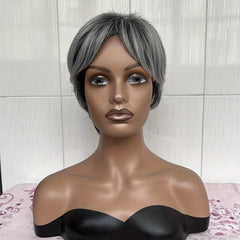 Ombre Silver Gray Short Pixie Cut Wigs Synthetic Straight Layered Hair