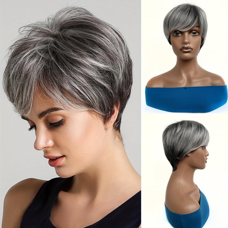 Ombre Silver Gray Short Pixie Cut Wigs Synthetic Straight Layered Hair