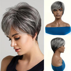 Ombre Silver Gray Short Pixie Cut Wigs Synthetic Straight Layered Hair