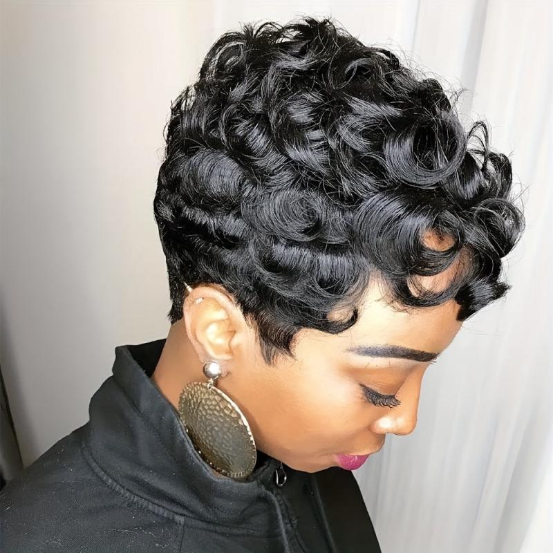 Short Wavy Hair Wigs For Women Curly Pixie Cut With Bangs