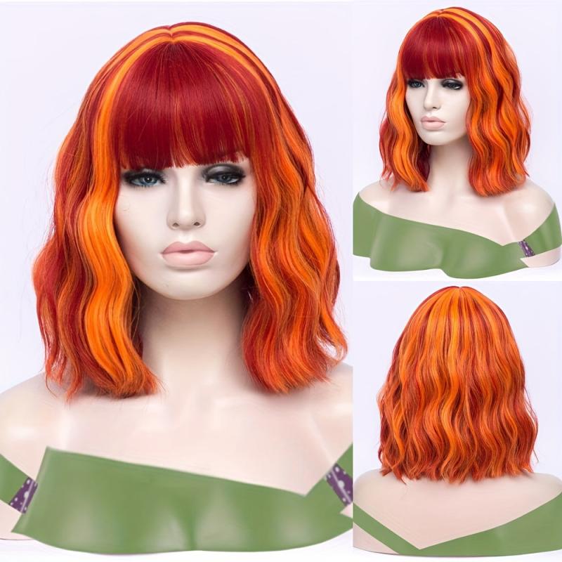 Highlight Short Curly Wavy Bob Wig Synthetic Wig With Bangs Anime Cosplay Wig