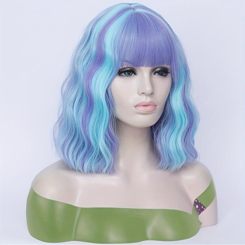Highlight Short Curly Wavy Bob Wig Synthetic Wig With Bangs Anime Cosplay Wig