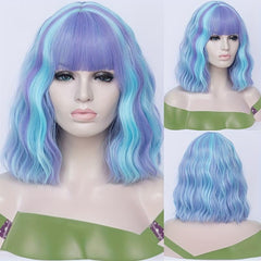Highlight Short Curly Wavy Bob Wig Synthetic Wig With Bangs Anime Cosplay Wig