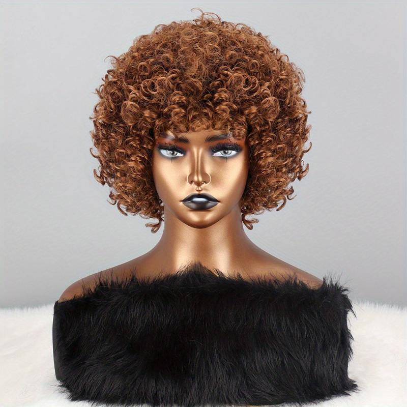 Short Afro Kinky Curly Synthetic Wigs with Bangs Daily Use