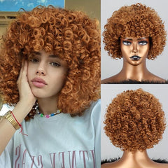 Short Afro Kinky Curly Synthetic Wigs with Bangs Daily Use