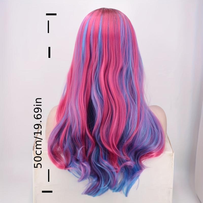 Rainbow Long Curly Synthetic Wig With Bangs Heat Resistant