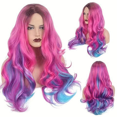 Rainbow Long Curly Synthetic Wig With Bangs Heat Resistant