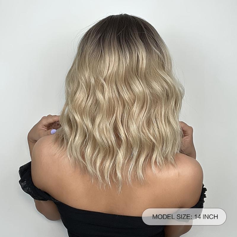 Short Ombre Brown Water Wave BOB Wig Heat Resistant Fiber for Women