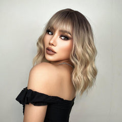 Short Ombre Brown Water Wave BOB Wig Heat Resistant Fiber for Women