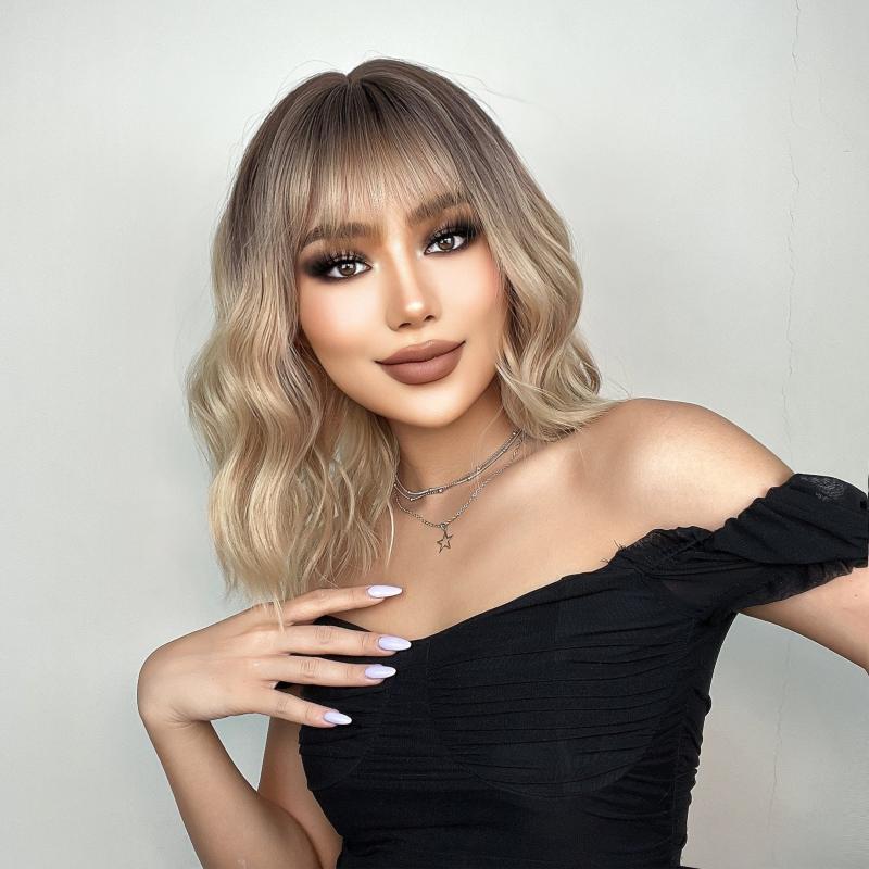 Short Ombre Brown Water Wave BOB Wig Heat Resistant Fiber for Women