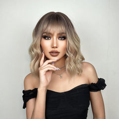 Short Ombre Brown Water Wave BOB Wig Heat Resistant Fiber for Women