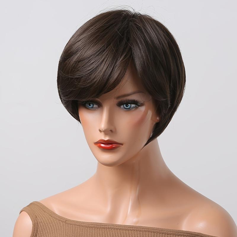 10 Inch Brown Straight Wig with Bangs for Daily & Party Use
