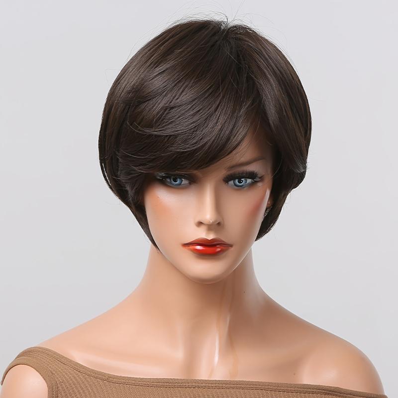 10 Inch Brown Straight Wig with Bangs for Daily & Party Use