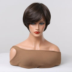 10 Inch Brown Straight Wig with Bangs for Daily & Party Use