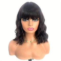 35 56 Cm Pink Body Wave Hair Wigs With Bangs Shoulder Length Short Bob Wavy Wigs