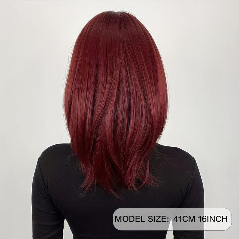 Burgundy Wig Short Straight Hair Bangs Natural Style Women
