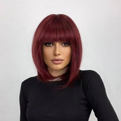 Burgundy Wig Short Straight Hair Bangs Natural Style Women