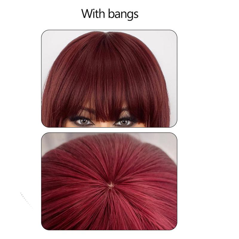 Burgundy Wig Short Straight Hair Bangs Natural Style Women