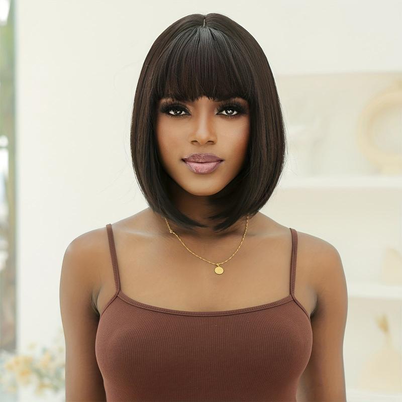 35 56 Cm Bob Short Brown Mixed Wigs With Bangs Synthetic Hair