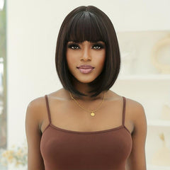35 56 Cm Bob Short Brown Mixed Wigs With Bangs Synthetic Hair