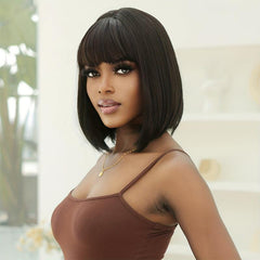 35 56 Cm Bob Short Brown Mixed Wigs With Bangs Synthetic Hair