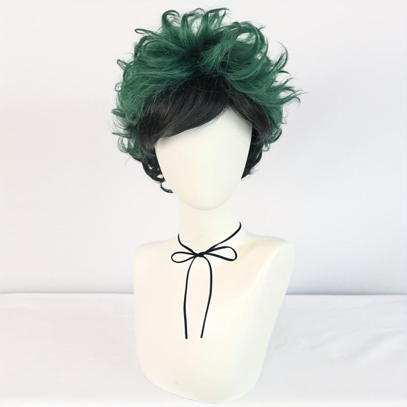 Short Two Wavy Layered Hair Wigs For Men Green Synthetic Curly Hair Wigs