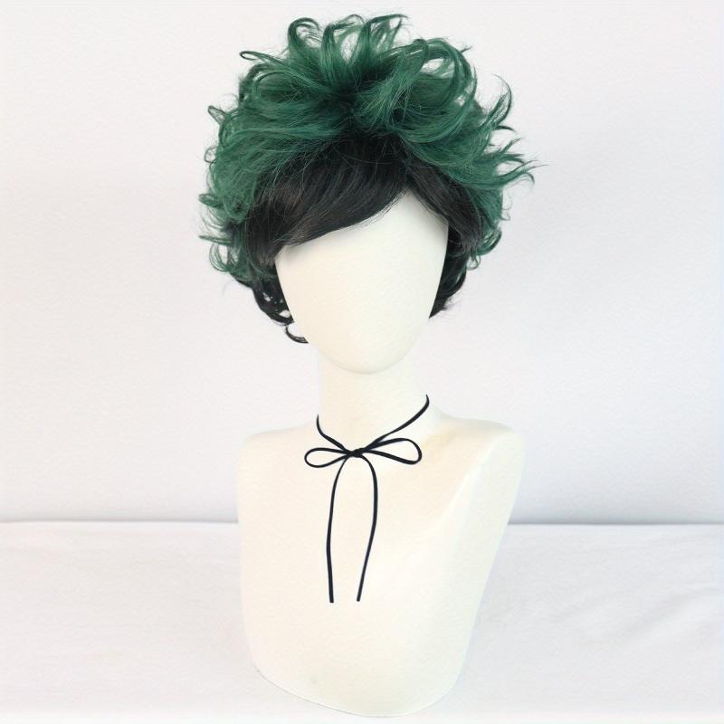 Short Two Wavy Layered Hair Wigs For Men Green Synthetic Curly Hair Wigs