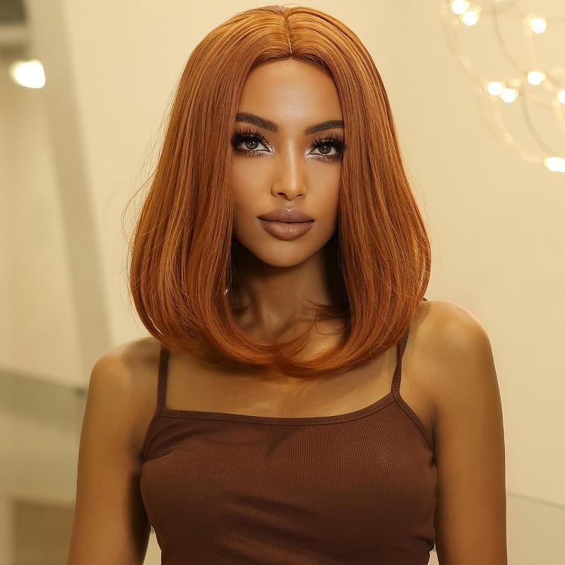 Short Bob Straight Wigs Orange Middle Part Wigs For Women Bob Wigs