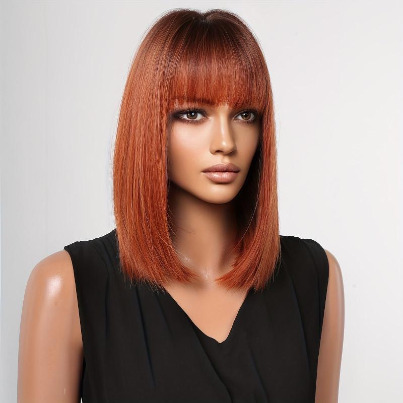 35 56 Cm Bob Straight Wine Red Roots Hair Wigs Synthetic Fiber Wigs With Bangs