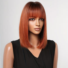 35 56 Cm Bob Straight Wine Red Roots Hair Wigs Synthetic Fiber Wigs With Bangs