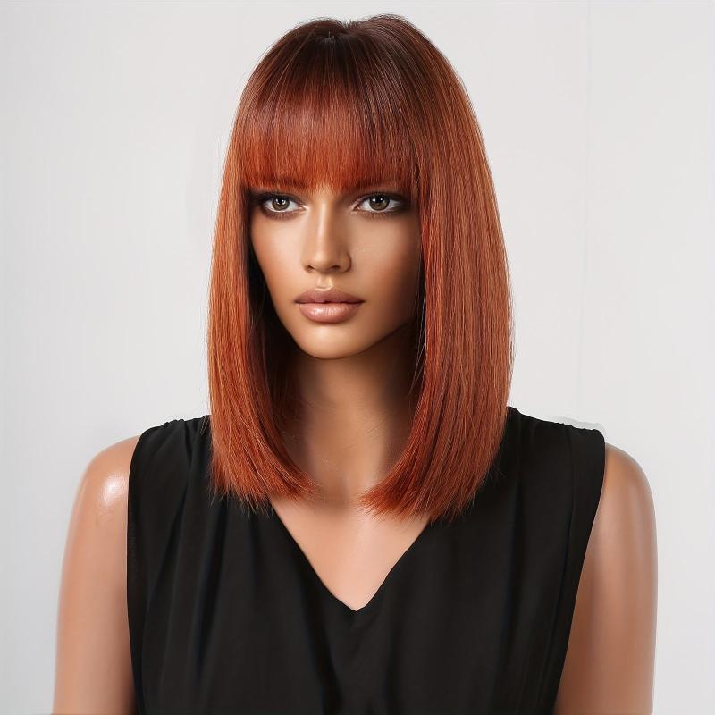 35 56 Cm Bob Straight Wine Red Roots Hair Wigs Synthetic Fiber Wigs With Bangs