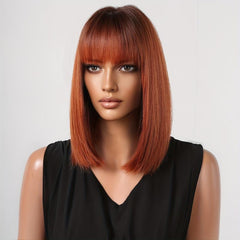 35 56 Cm Bob Straight Wine Red Roots Hair Wigs Synthetic Fiber Wigs With Bangs