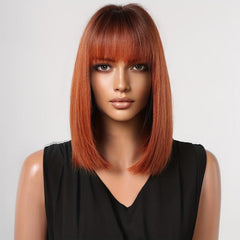 35 56 Cm Bob Straight Wine Red Roots Hair Wigs Synthetic Fiber Wigs With Bangs