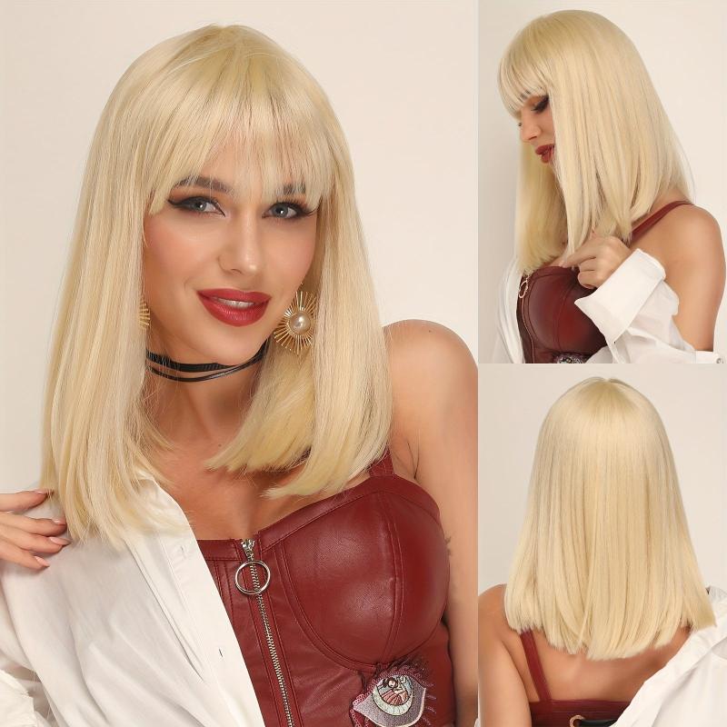 Short Blonde Synthetic Wig With Bangs & Wig Cap