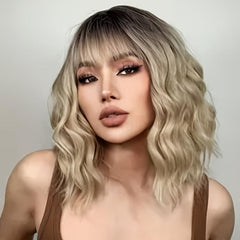 Golden Wavy Curly Hair Wig With Bangs 30 48 Cm Synthetic Fiber Women's Wig