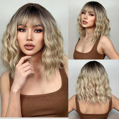 Golden Wavy Curly Hair Wig With Bangs 30 48 Cm Synthetic Fiber Women's Wig